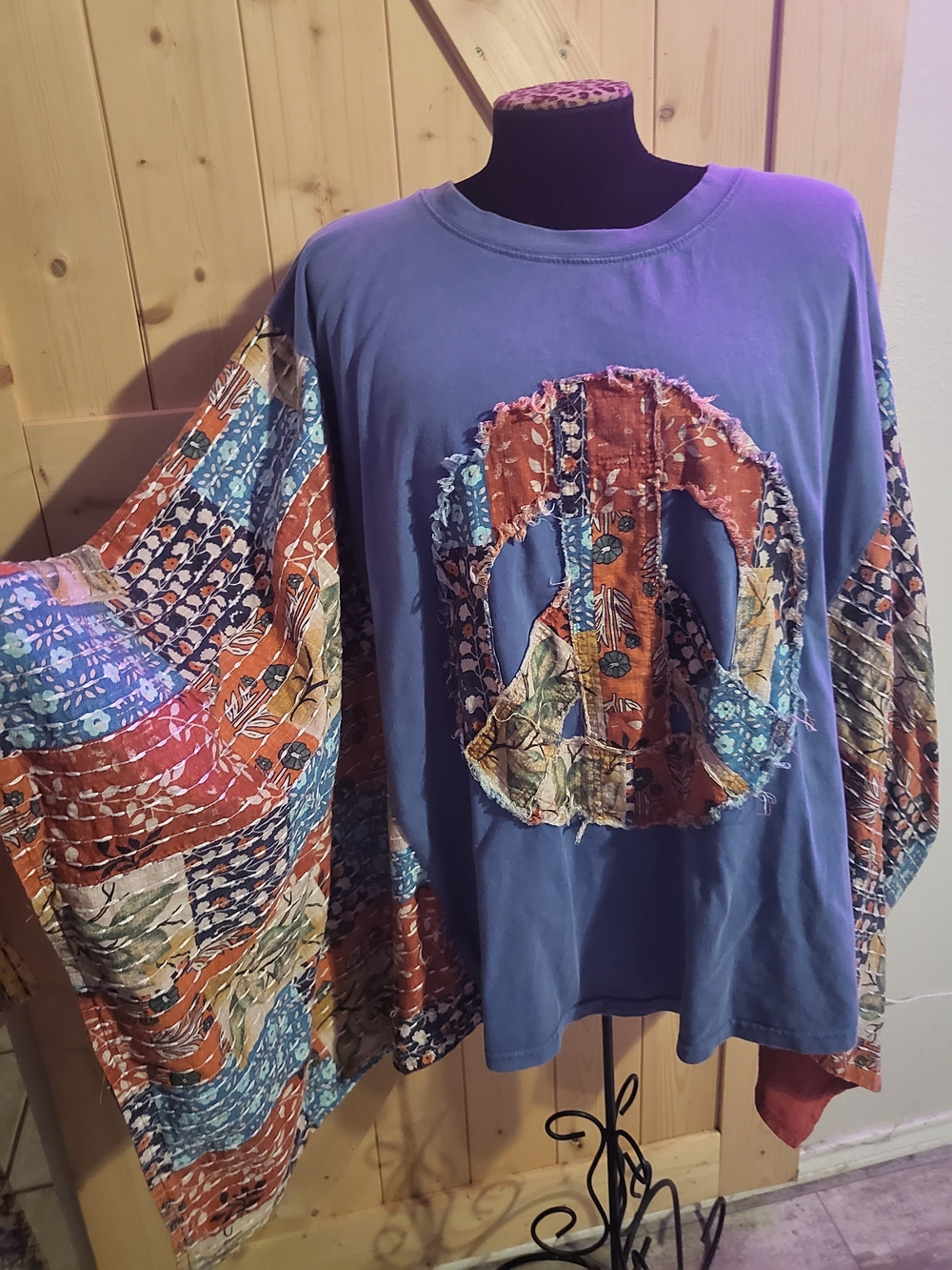 Bohemian Patchwork Peace Sign Long Sleeve Blouse - Blue Kantha Oversized